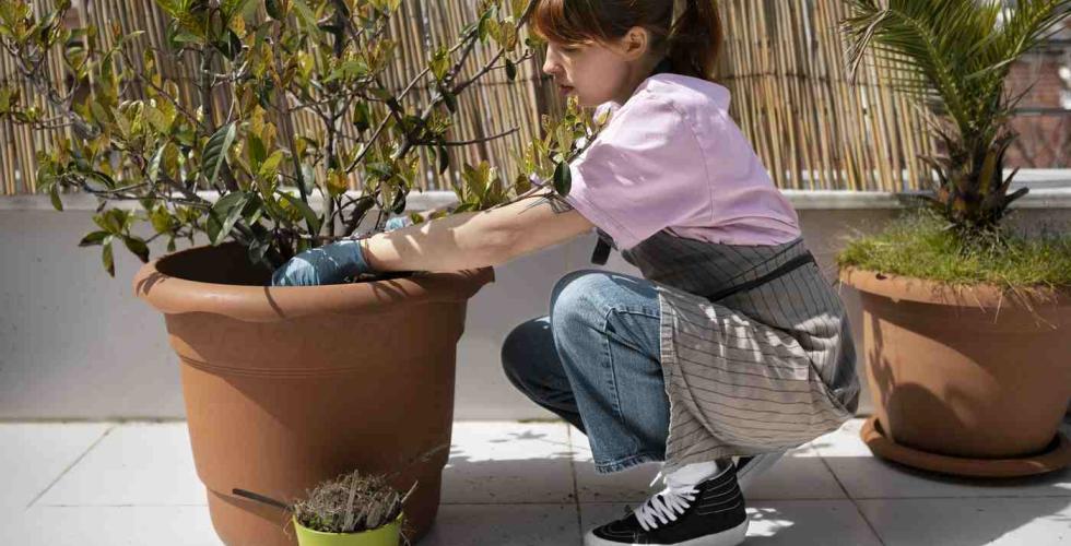 Ung kvinne planter på terrasse